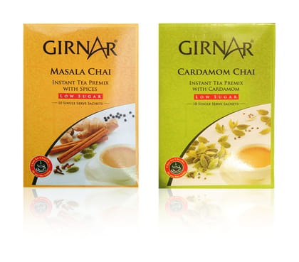 Girnar Instant Masala & Cardomom Tea (Low Sugar) - 80 grams, 10 Sachets Each (Combo of 2)