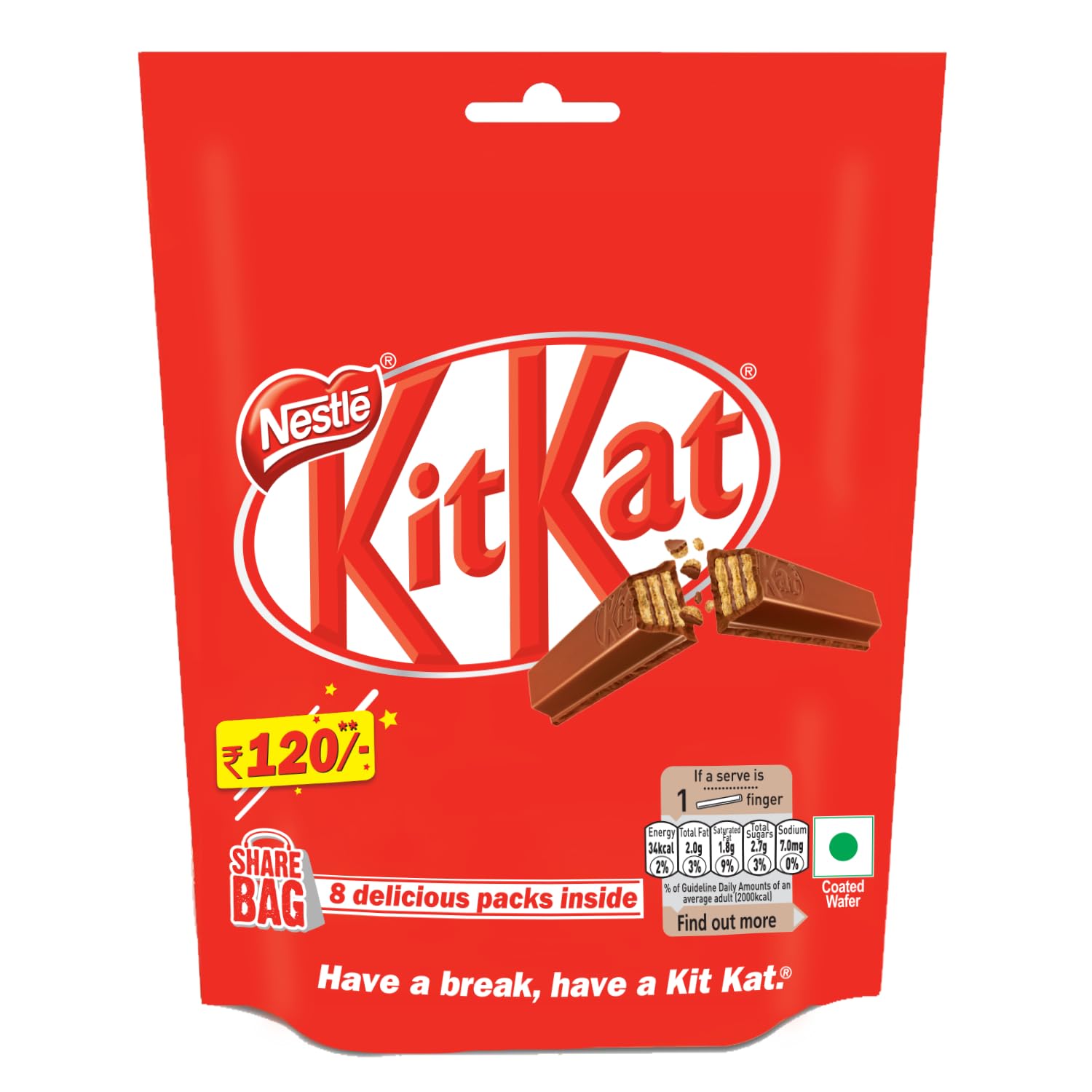 Nestl� Kitkat 2 Finger Wafer Bar Sharebag, 123.2 g| 8 Units - 15.4 g