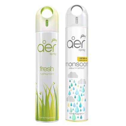 Godrej aer Spray | Air Freshener for Home & Office - Monsoon Odour Refresh & Fresh lush green | Pack of 2 (220 ml each) | Long-lasting fragrance