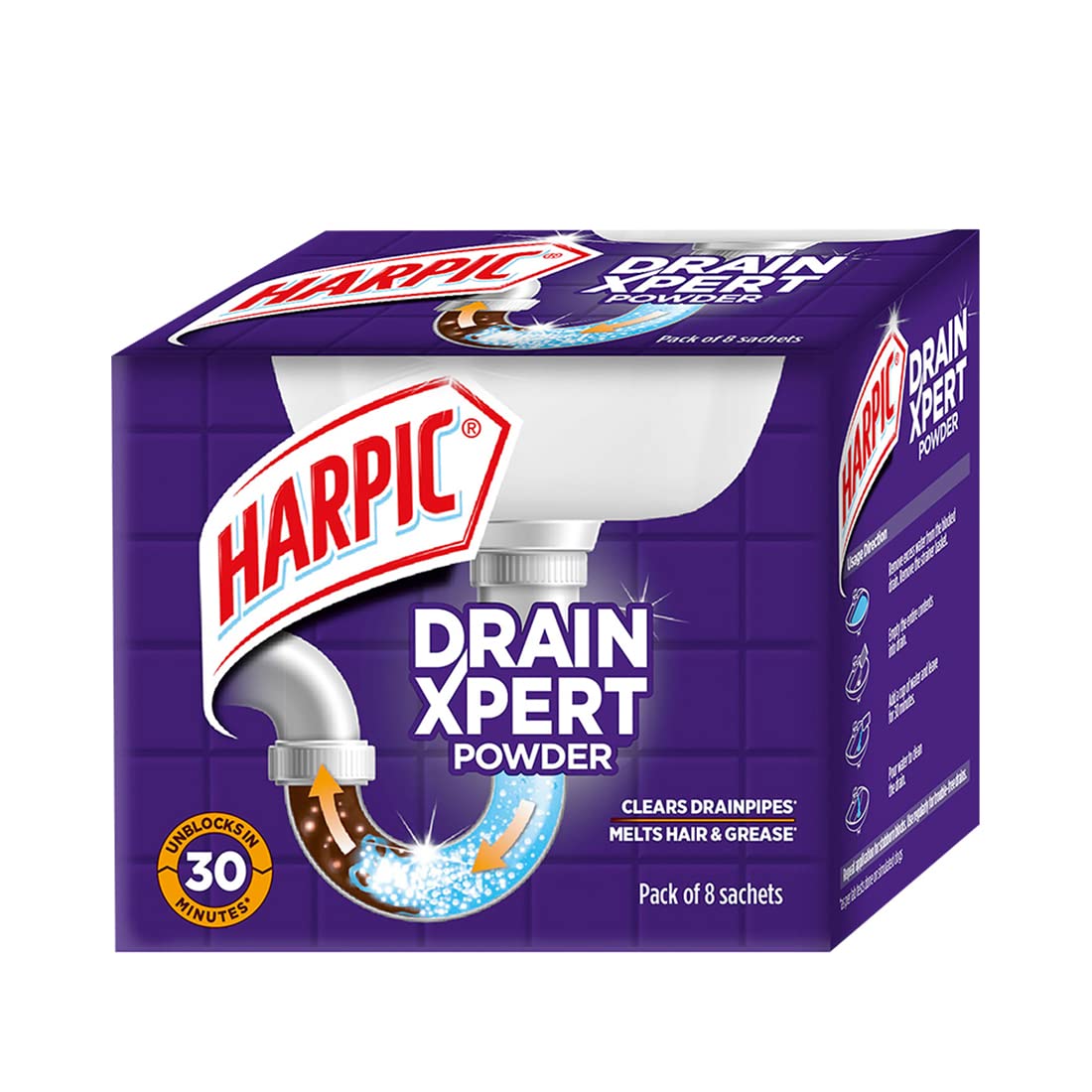 Harpic�Drain�Xpert�Drain�Cleaner Powder (50g x 8) | Effective Sink Cleaner, Drain Blockage Remover, Drain Pipe Cleaner