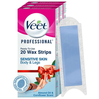 Veet Professional Waxing Strips Kit for Sensitive Skin, 20 Strips (Pack of 3) | Gel Wax Hair Removal for Women | Up to 28 Days of Smoothness | No Wax Heater or Wax Beans Required