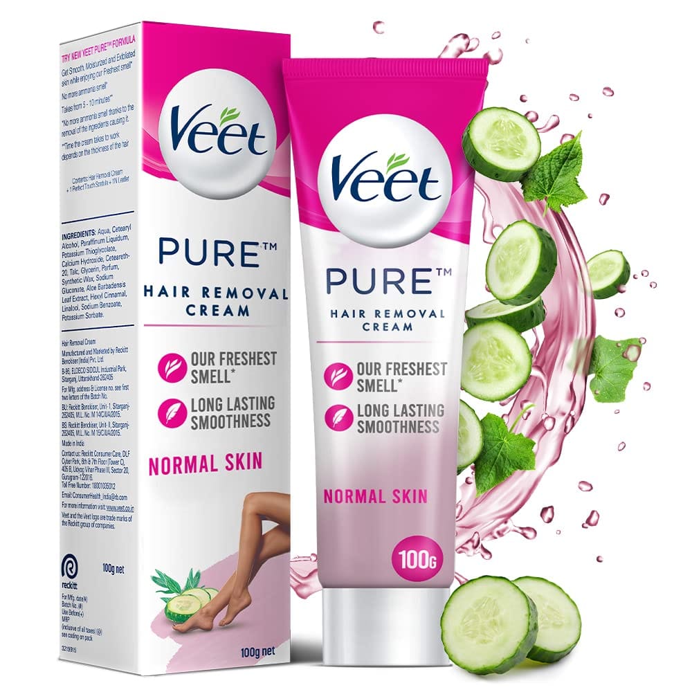 Veet Pure Hair Removal Cream for Women With No Ammonia Smell, Normal Skin - 100g | Suitable for Legs, Underarms, Bikini Line, Arms | 2x Longer Lasting Smoothness than Razors