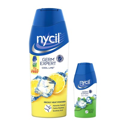 Nycil Germ Expert Prickly Heat Powder, 150gm+50gm Assorted Fragrances with Bringa Cleanser Trial Pack (Cool Lime)