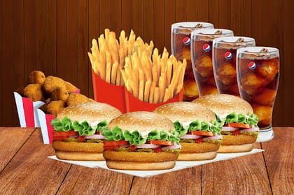 4 Veg Burger+2 Fries+2 Jalapeno Poppers+2 Pepsi __ Veggie Burger,Veggie Burger,Veggie Burger,Veggie Burger