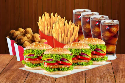 4 Chicken Burger+2 Fries+2 Chicken Popcorn+2 Pepsi __ Chicken Burger,Chicken Burger,Chicken Burger,Chicken Burger