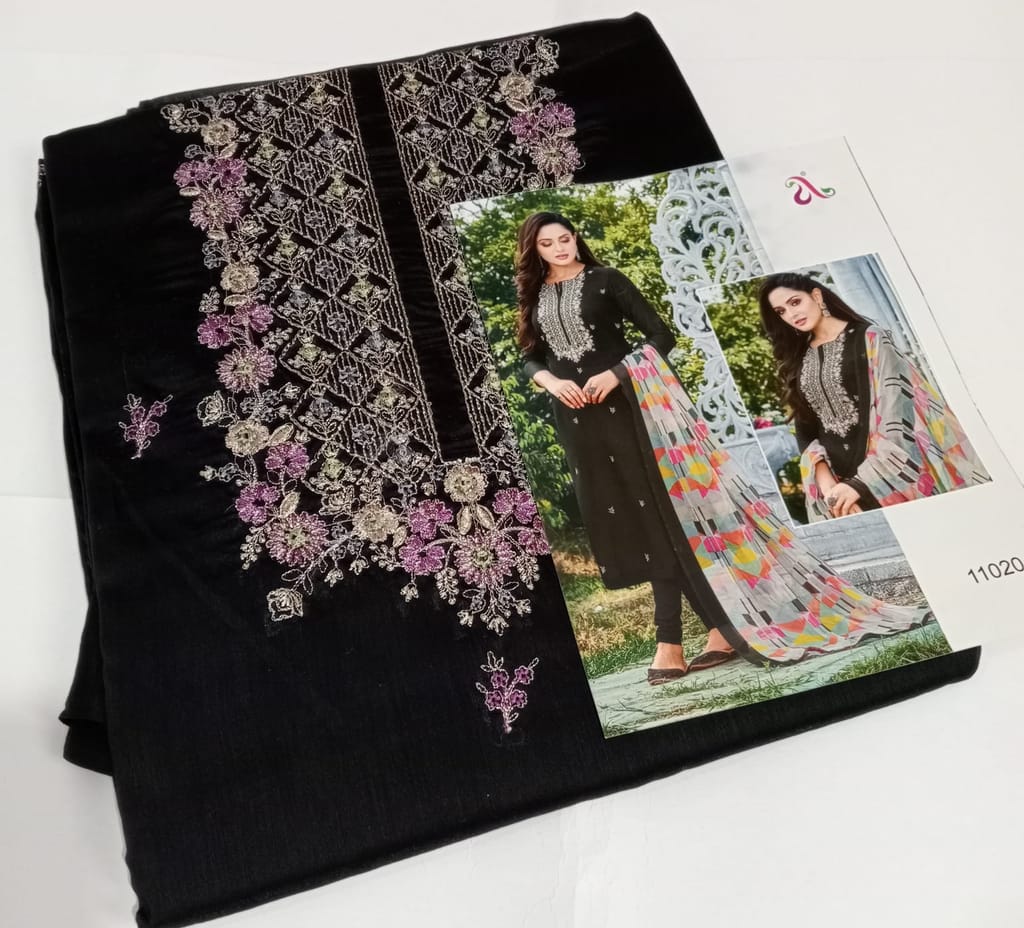 Black Color Daily Wear Embroidered Chanderi Fabric Salwar Suit ( Unstitched )