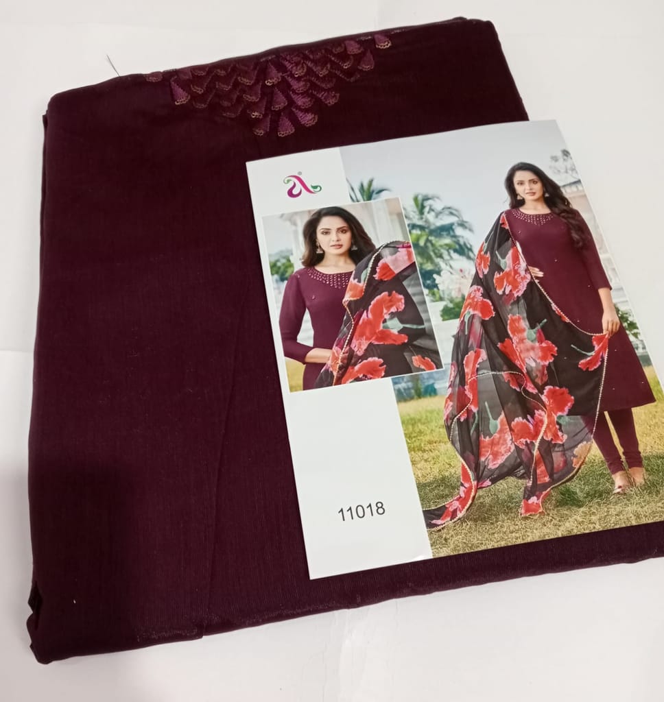 Embroidered Designer Chanderi Cotton Salwar Suit - Wine ( Unstitched )