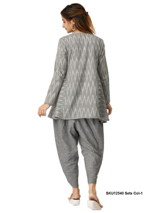 Women's Grey Ikat Print Cotton Tunic with Dhoti Pants Set
