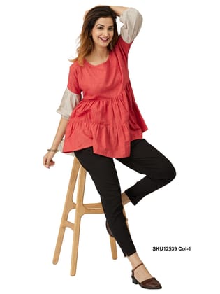 Stylish Red Tiered Peplum Top with Contrast Cuff Sleeves