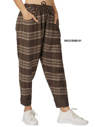 Women's Brown Plaid Cotton Casual Trousers with Elasticated Waist