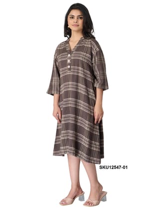 Women's Plaid Brown Cotton Midi Dress with 3/4 Sleeves