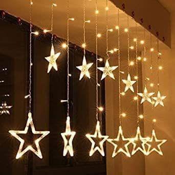 12 Stars 138 Led Curtain String Lights Window Curtain Lights with 8 Flashing Modes Decoration for Christmas, Wedding, Party, Home, Patio Lawn Warm White (138 Led-Star, Copper, Pack of 1)