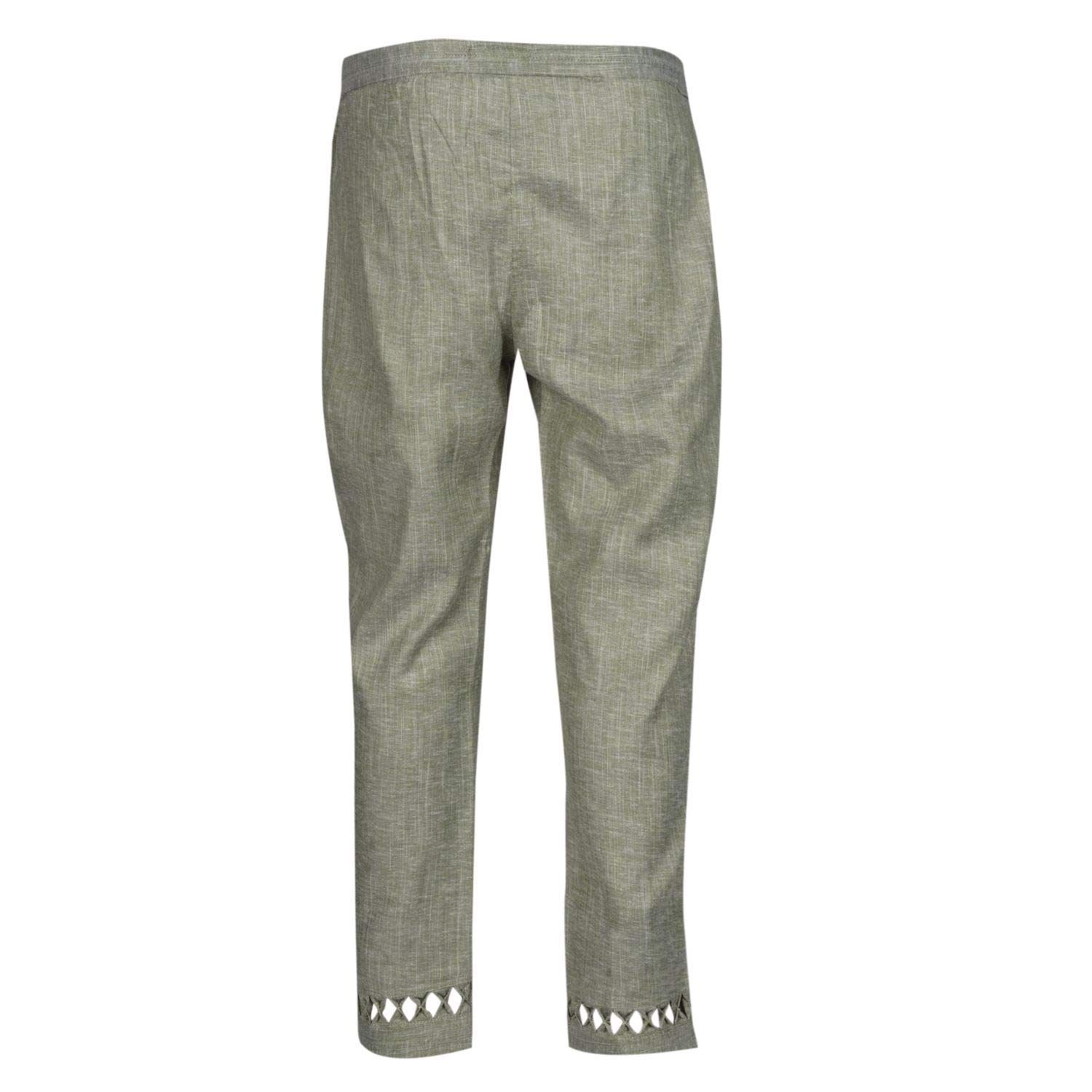 Light Green Cotton Blend Regular Fit Palazzo Pants with Cut-Out Hem for Women