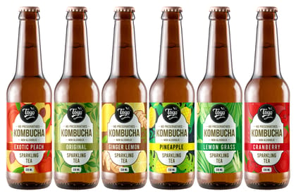 Toyo Kombucha - Sparkling Fermented Probiotic Tea Trial Pack | 330ml (Pack of 6) | Vegan, Gluten-Free | Includes Exotic Peach, Lemongrass, Ginger Lemon, Cranberry, Pineapple, Original (Variety Pack)