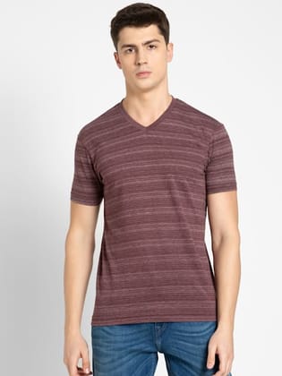 Men's Super Combed Cotton Rich Striped V Neck Half Sleeve T-Shirt - Mauve Wine