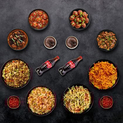 Non Veg Combo For Two __ Spicy Schezwan Rice,Veg Hakka Noodles,Veg Manchurian Dry,Chilli Potatoes,Chicken Schezwan Noodles,Chicken Hakka Noodles,Chicken Black Pepper,Chicken Manchurian Dry