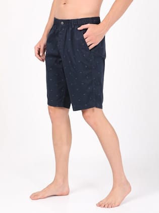 Men's Super Combed Mercerised Cotton Woven Fabric Straight Fit Printed Shorts with Side Pockets - Navy