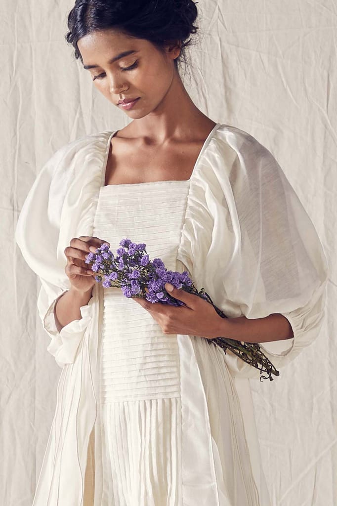 Ivory Balloon Sleeve Dress In Cotton Silk Chanderi And Off White Checks Cotton Khadi Mulmul