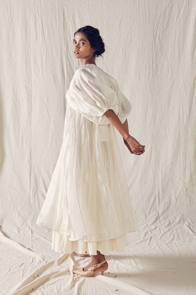 Ivory Balloon Sleeve Dress In Cotton Silk Chanderi And Off White Checks Cotton Khadi Mulmul