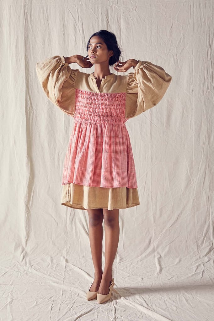Honeycomb Detail Dress In Beige Organic Cotton And Red Checks Cotton Khadi Mulmul