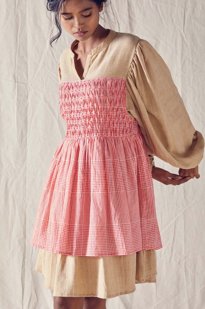Honeycomb Detail Dress In Beige Organic Cotton And Red Checks Cotton Khadi Mulmul