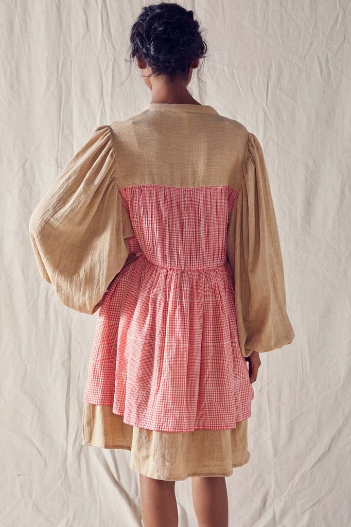Honeycomb Detail Dress In Beige Organic Cotton And Red Checks Cotton Khadi Mulmul