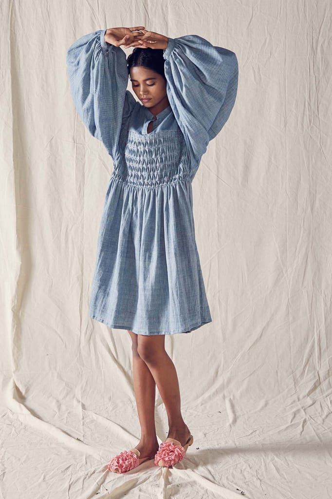 Indigo Honeycomb Detail Dress In Organic Cotton