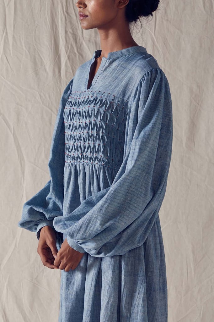 Indigo Honeycomb Detail Dress In Organic Cotton