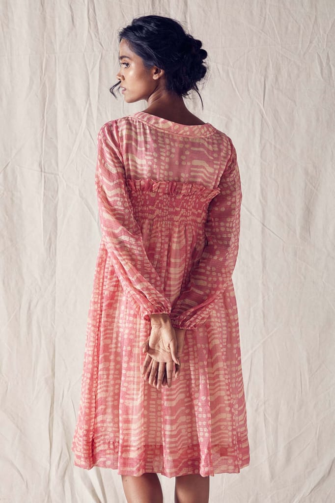 Dusted Pink Batik Smock Detail Dress In Handloom Kota Doria And Off White Checks Cotton Khadi Mulmul