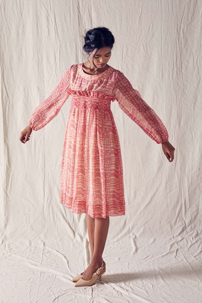 Dusted Pink Batik Smock Detail Dress In Handloom Kota Doria And Off White Checks Cotton Khadi Mulmul