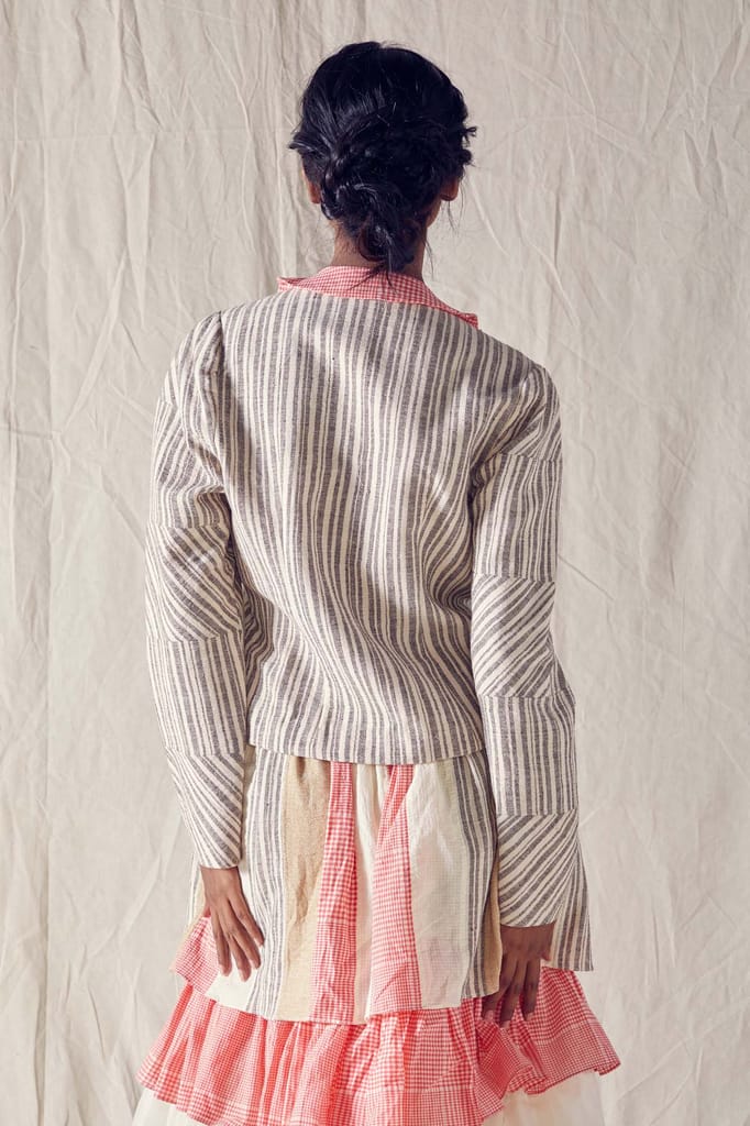 Wrap Jacket In Striped Organic Cotton And Red Checks Cotton Khadi Mulmul