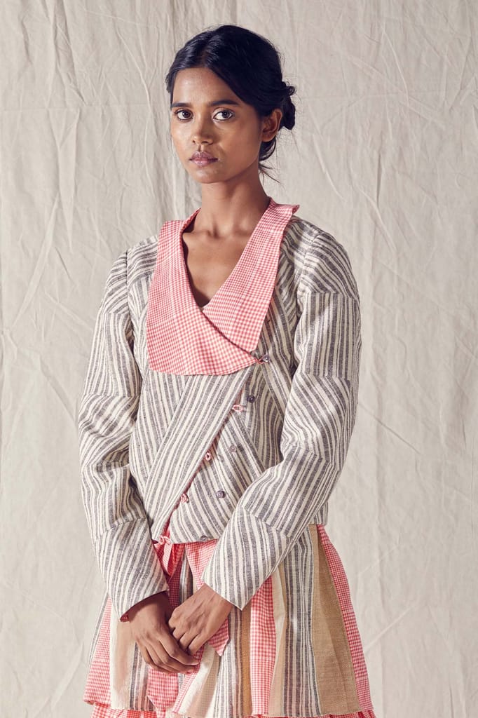 Wrap Jacket In Striped Organic Cotton And Red Checks Cotton Khadi Mulmul