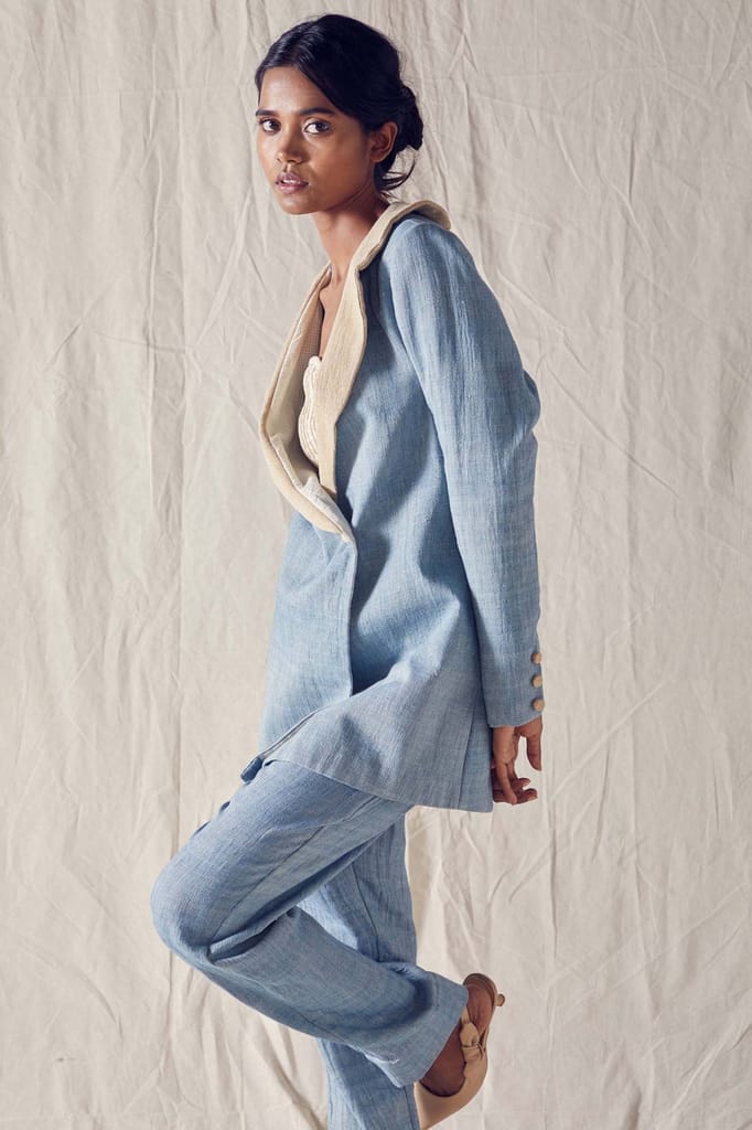 Indigo Pant Suit With Oversized Blazer In Oragnic Cotton