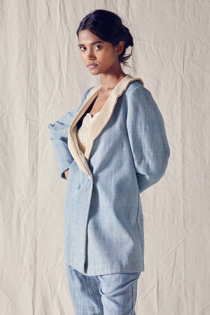 Indigo Pant Suit With Oversized Blazer In Oragnic Cotton