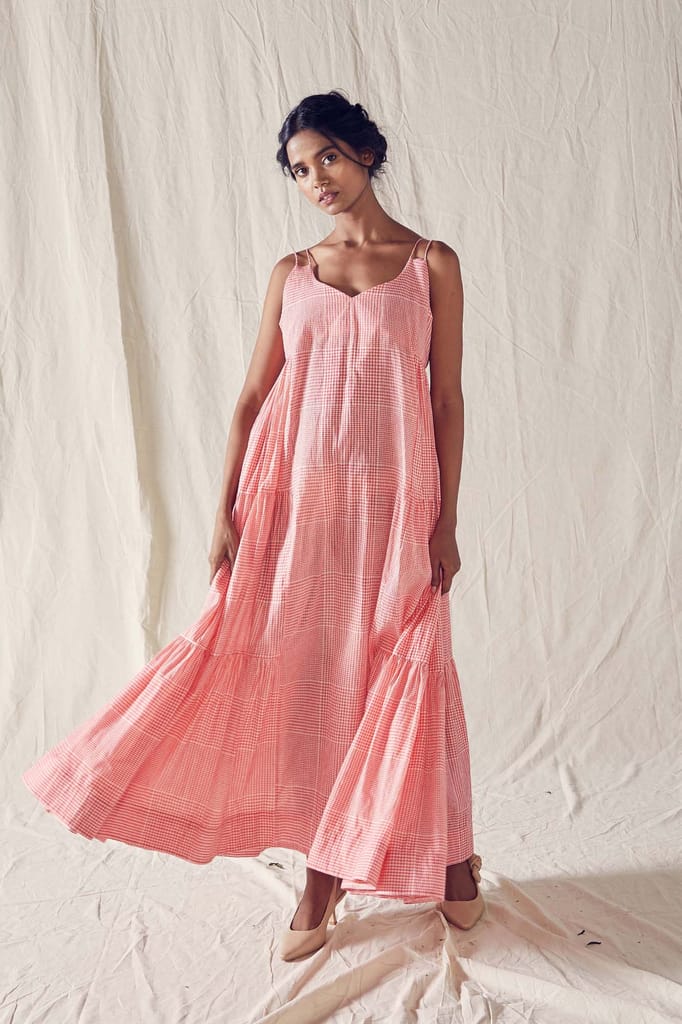 Red Checks Khadi Cotton Mulmul Singlet Dress