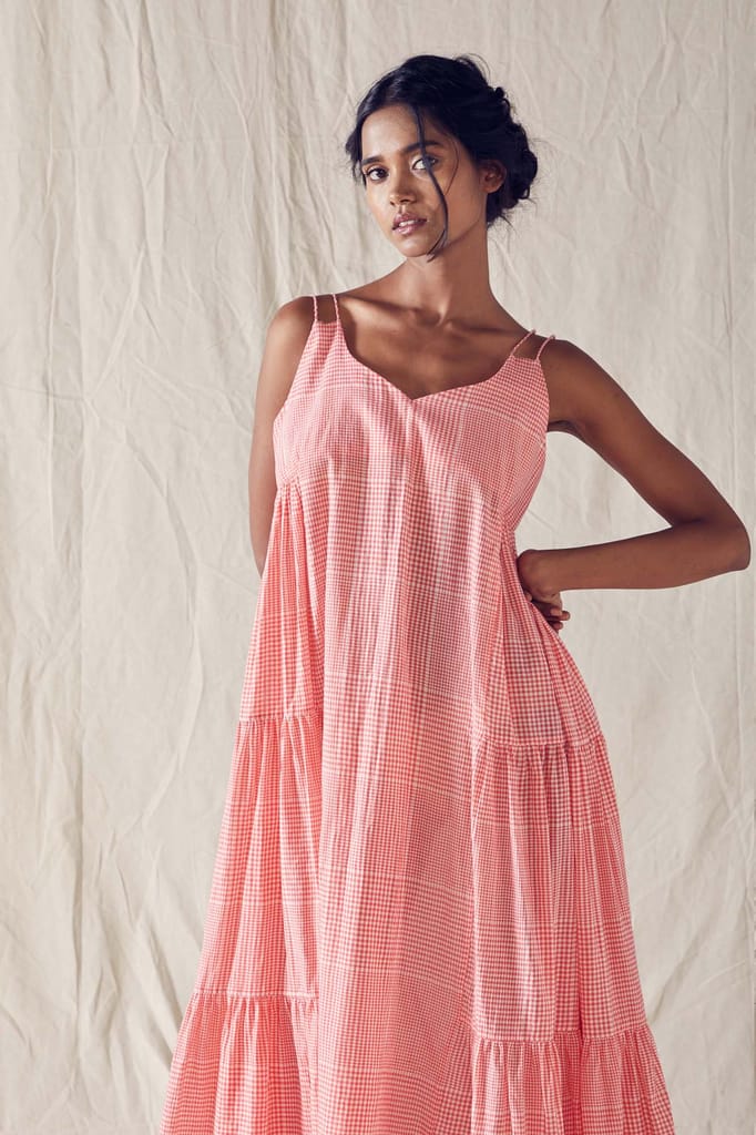 Red Checks Khadi Cotton Mulmul Singlet Dress