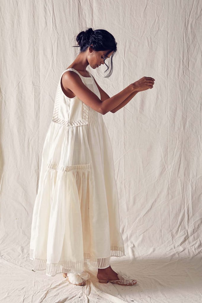 Ivory Sleeveless Pleated Yoke Dress In Cotton Silk Chanderi And Off White Checks Cotton Khadi Mulmul