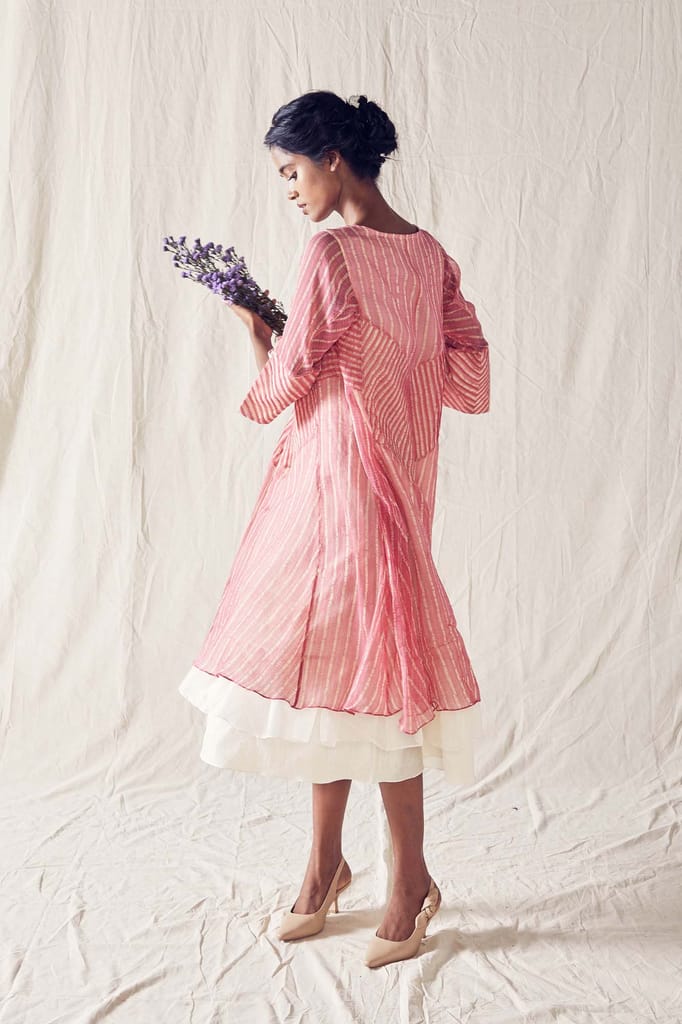 Dusted Pink Batik Layered Midi Dress On Handloom Kota Doria And Off White Checks Cotton Khadi Mulmul