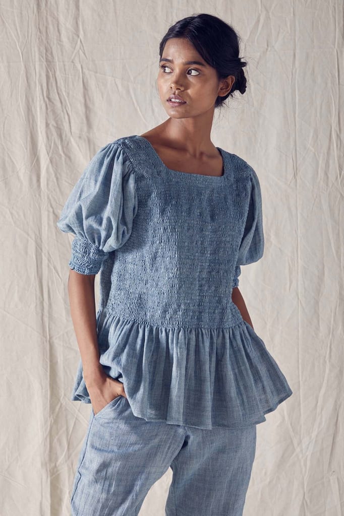 Indigo Smock Peplum Top In Organic Cotton