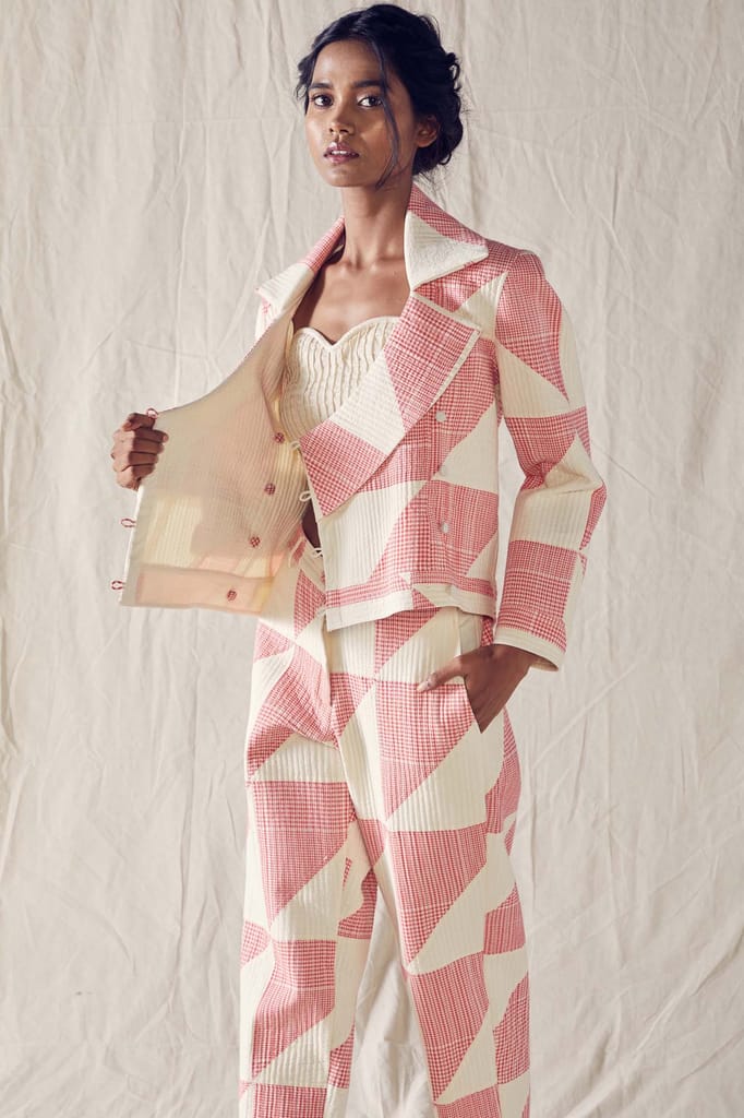 Quilted Pant And Jacket Co-Ord In Red And Off White Checks Cotton Khadi Mulmul