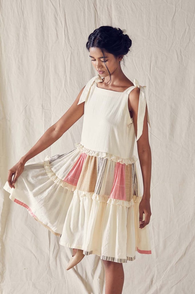 Tie Top Flared Dress In Red And Off White Checks Cotton Khadi Mulmul