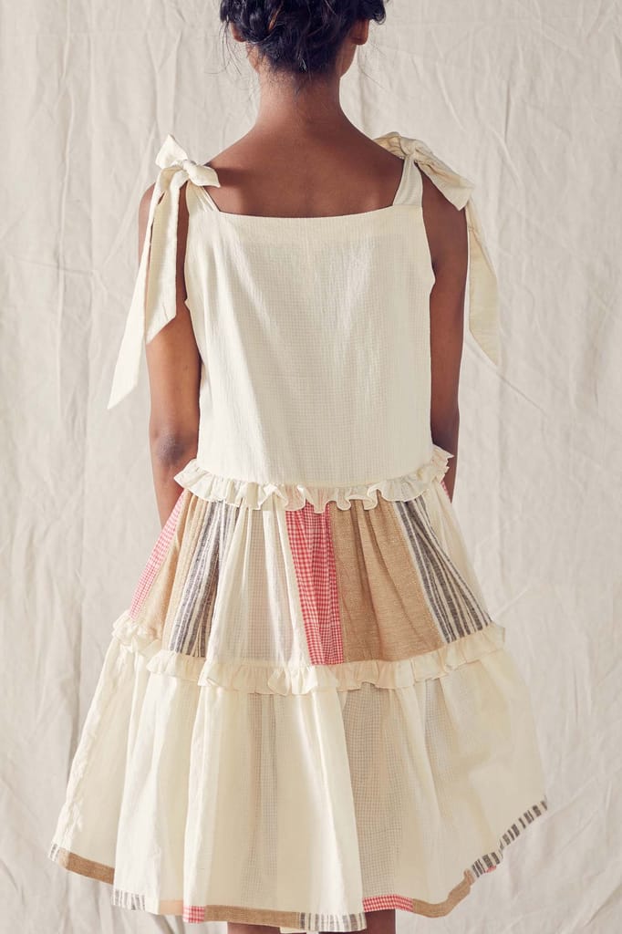 Tie Top Flared Dress In Red And Off White Checks Cotton Khadi Mulmul