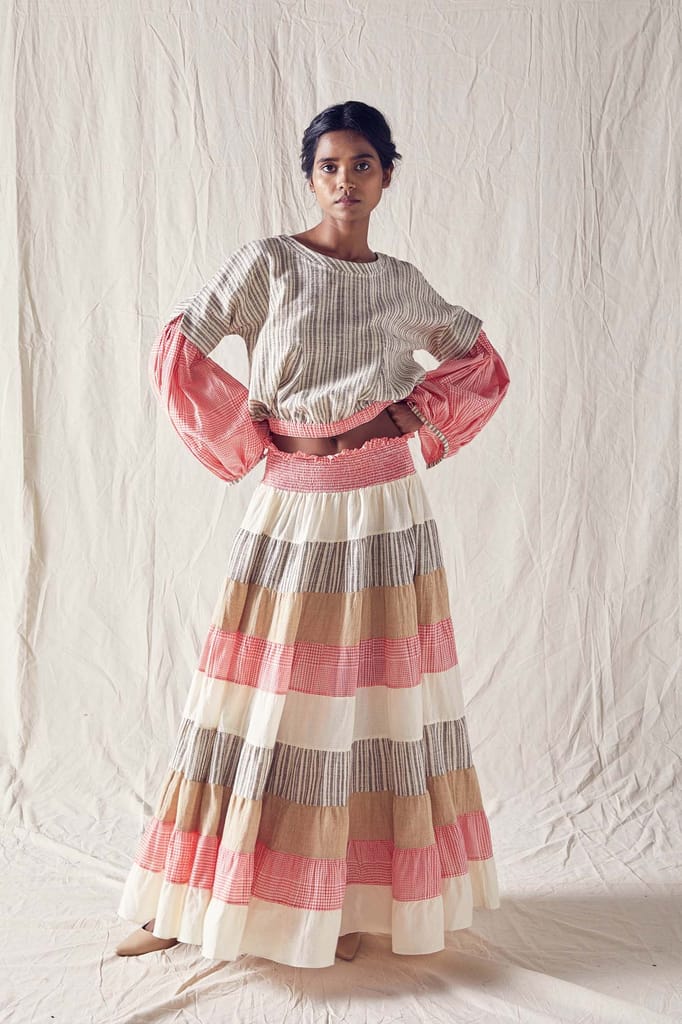 Pieced Smock Dress/Skirt In Red And Off White Checks Cotton Khadi Mulmul And Organic Cotton