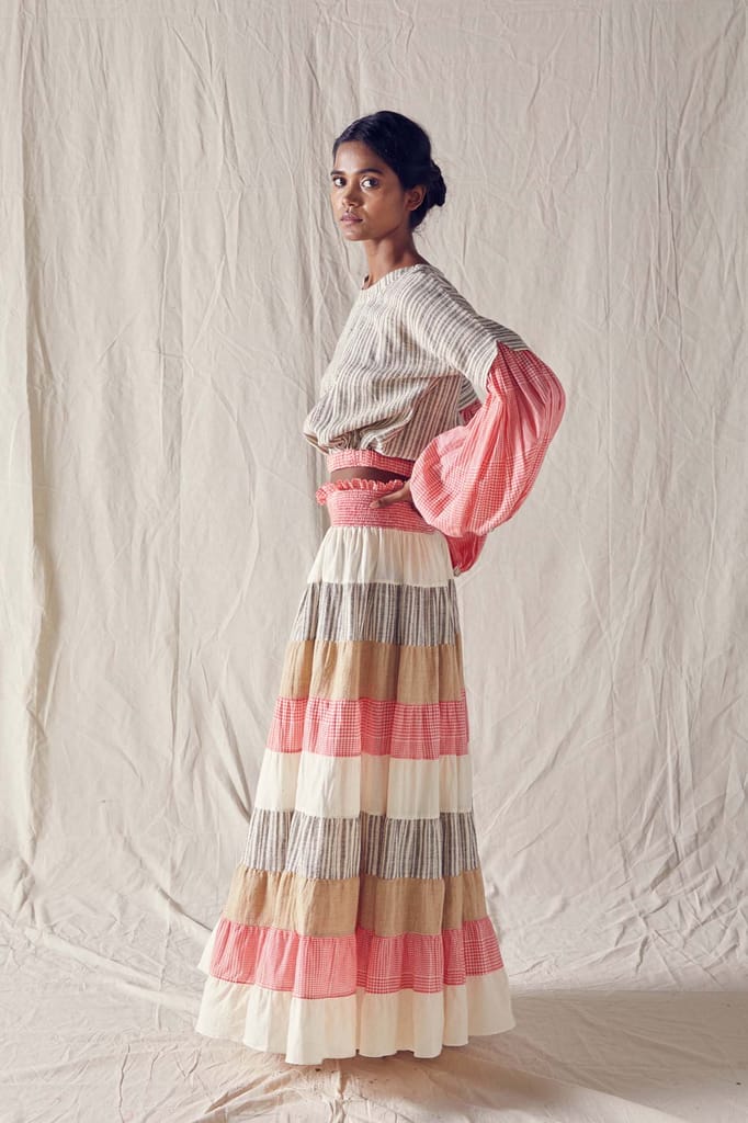 Pieced Smock Dress/Skirt In Red And Off White Checks Cotton Khadi Mulmul And Organic Cotton