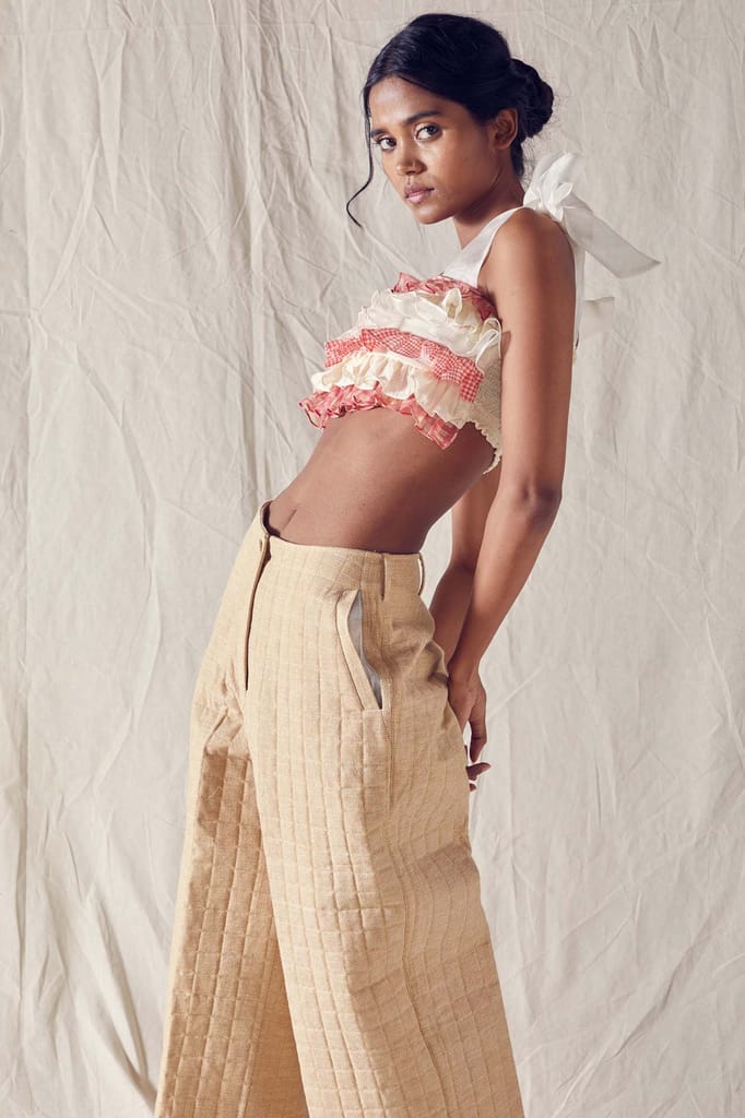 Quilted Beige Wide Leg Pants In Organic Cotton