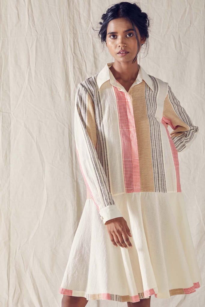 Panelled Shirt Dress With Full Sleeves In Red And Off White Checks Cotton Khadi Mulmul And Organic Cotton