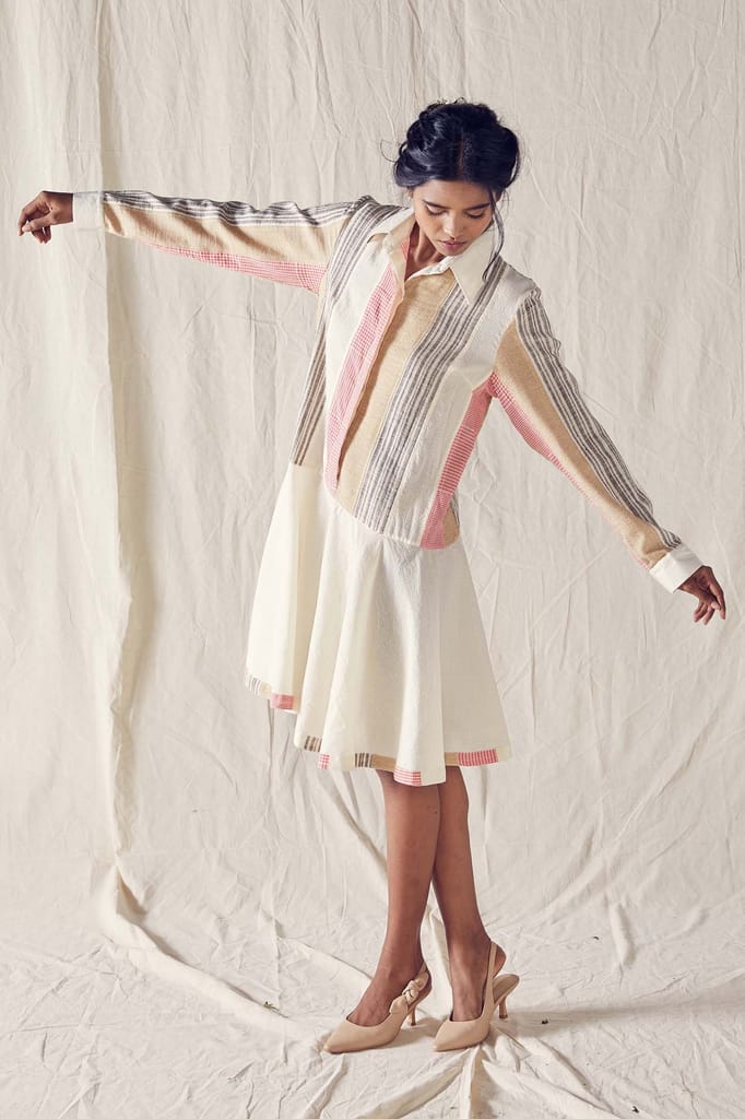 Panelled Shirt Dress With Full Sleeves In Red And Off White Checks Cotton Khadi Mulmul And Organic Cotton