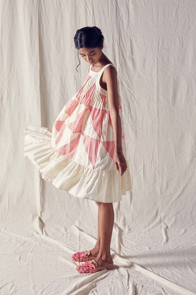 Pieced Sleeveless Summer Dress With Pleats In Red And Off White Checks Cotton Khadi Mulmul - Kurtis, Tunics | Buy online on ZillyBuy