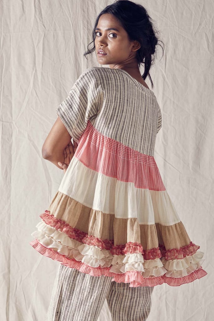 Ruffled Hemline Tunic In Striped Organic Cotton And Off White And Red Checks Cotton Khadi Mulmul