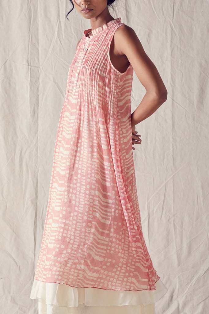 Dusted Pink Batik Sleeveless Dress In Handloom Kota Doria And Off White Checks Cotton Khadi Mulmul